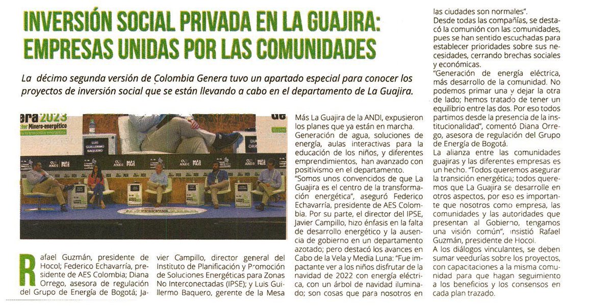#EnLosMedios📰| El diario <a href="/Portafolioco/">Portafolio</a> compartió nuestra participación en #ColombiaGenera, con el panel Inversión Social Privada en #LaGuajira🌵

Conoce más aquí👉🏼 youtu.be/iaR02bEGUgg

<a href="/ANDI_Colombia/">ANDI</a>