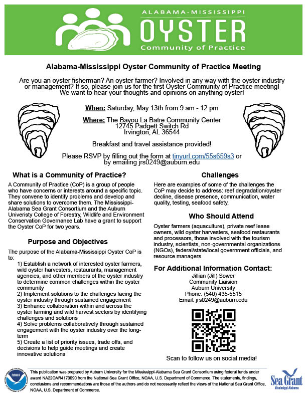 ALMSOysterCoP's tweet photo. Please join us for our first Oyster Community of Practice meeting on May 13th in Bayou La Batre from 9 am-12 pm! More details in the image below! https://t.co/2kf53ZuQ7P