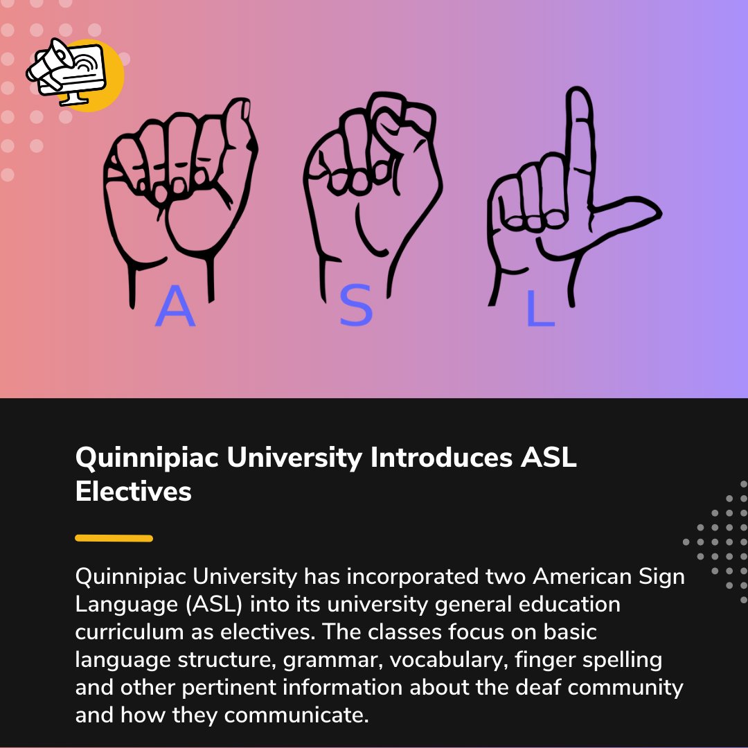 abilitymediagrp's tweet photo. Quinnipiac University Introduces ASL Electives. Quinnipiac University has incorporated two American Sign Language electives. Read your #abilityarticle here: https://t.co/LwmEuw97Et
#ASL #AmericanSignLanguage #education #inclusive #diversity #culture #immersive https://t.co/M1lP1cvsQo