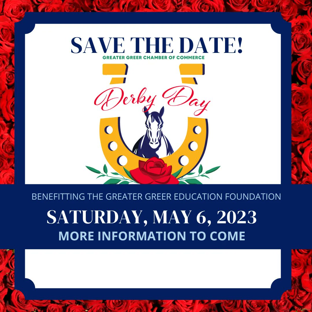 GreerChamber's tweet photo. Get out your best hat and attend our upcoming Derby Day in May! Enjoy an evening of fun to benefit our Greater Greer Education Foundation!
#greer #greersc #greerchamber #greerstation #hereingreer #yeathatgreenville #greenvillesc #spartanburgsc #upstate #upstatesc https://t.co/kB7mK3XgNY