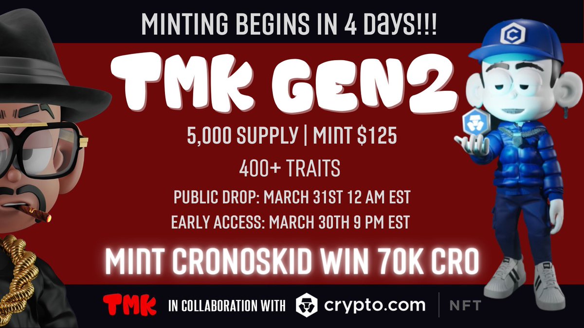 TMKNFT's tweet photo. Our GEN2 drop is only 4 days away!!!

Public Access opens at 12 AM EST March 31st!

GEN2 Drop Page: https://t.co/zM0xJA0nA4.
Got questions? Join Discord: https://t.co/kmc9NQL9q3

#TMKNFT #Crofam #NFTcommunity #NFTmarketplace https://t.co/P6VxUTAczw