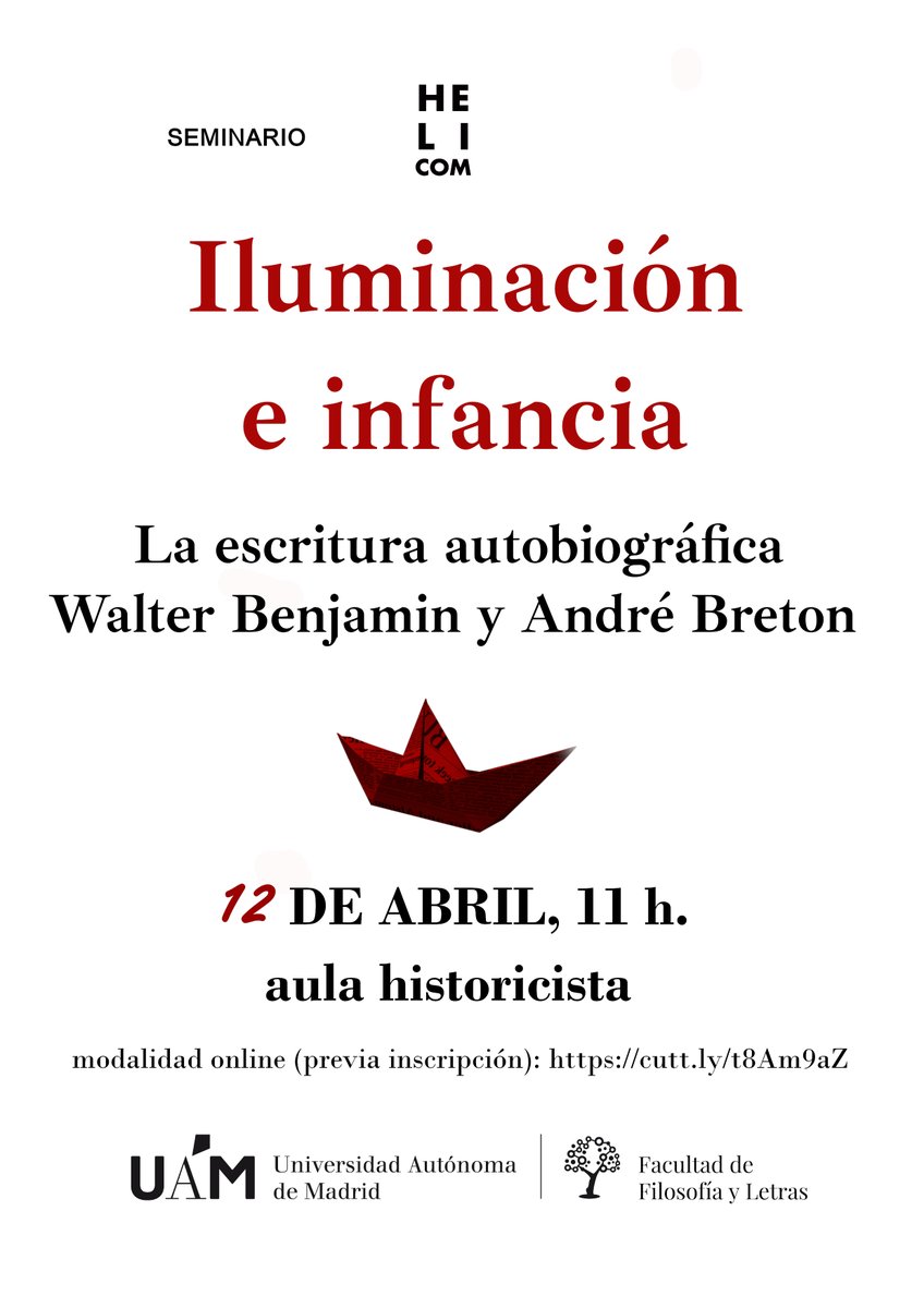 helicom_'s tweet photo. Os recordamos que el 12 de abril celebraremos nuestro seminario sobre las escrituras autobiográficas de Walter Benjamin y André Breton, de forma híbrida: presencial, con entrada libre hasta completar aforo, y online, previa inscripción en https://t.co/pRIamZQPM9 ¡Os esperamos! https://t.co/BAoxtuAuX9