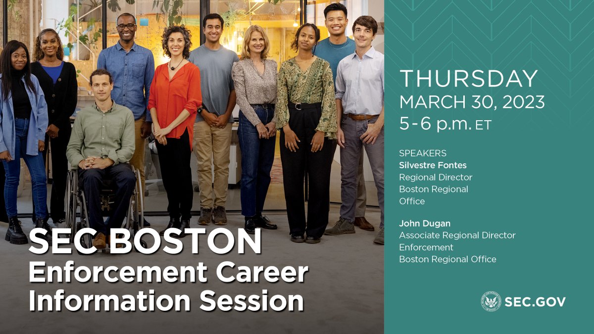 The Boston office is holding a career information session to provide an overview of the office's enforcement program and discuss upcoming job postings. Register here: ow.ly/WcWj50NsIJF