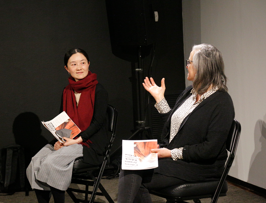 Filmmaker Yi Cui and VSW Curator Tara Nelson talk in the microcinema (3/23/23)