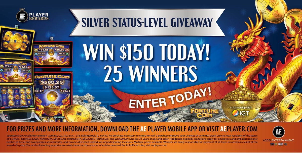 AccelEntertain's tweet photo. Today is a Silver Status Giveaway day! 25 silver status members will take home $150 each, check in to have your chance to win! #aeplayerrewards https://t.co/V4EhIlWK40