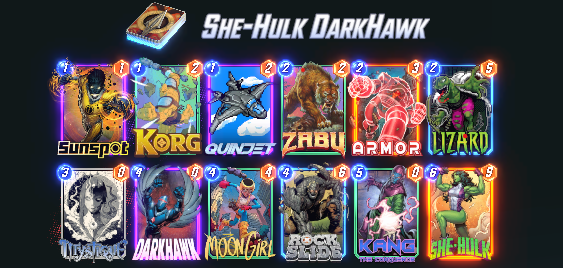 I won today's 8 player tournament with this deck. You can make some suprise move on T6 with Kang, She-Hulk and Darkhawk. 
The event was hosted by <a href="/SNAPBattleArena/">Battle Arena</a>
