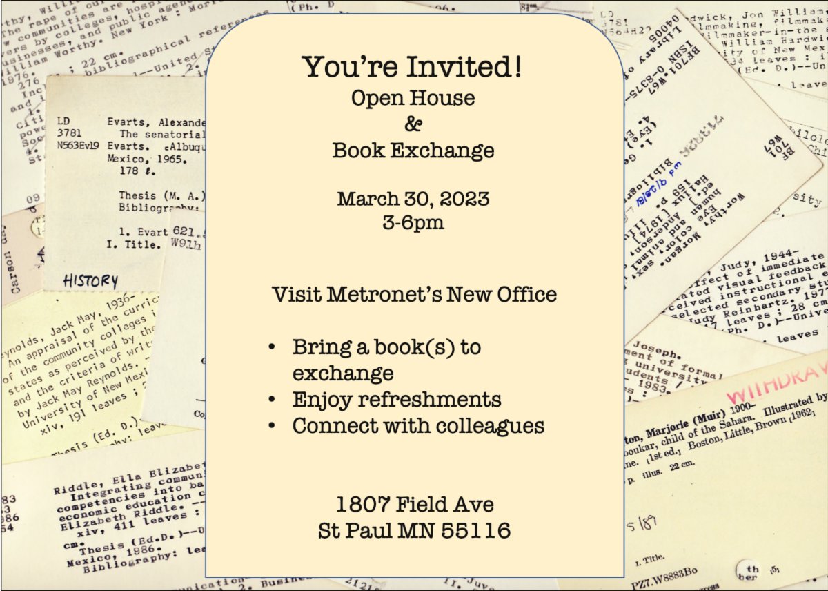 MetronetMN's tweet photo. Don't miss our Open House &amp; Book Exchange this Thursday from 3-6. See our new space, enjoy snacks, door prizes, party favors, &amp; more. Hope to see you there! https://t.co/INJOdNMo6g https://t.co/mjN4eH4Rqp