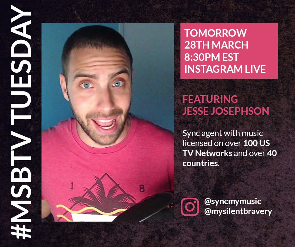 mysilentbravery's tweet photo. Happy Monday! Tomorrow! 
#MSBTV TUESDAY RETURNS⁠! 🥳
Featuring: Jesse Josephson @syncmymusic 
TOMORROW AT 8:30 PM EST ON INSTAGRAM LIVE! ⁠
Follow me on Instagram:⁠
https://t.co/PrA328B2XH⁠

#interviews #musician #music #singersongwriter #livestreaming #tuesday #tuesdayvibes https://t.co/R56YTXaILT