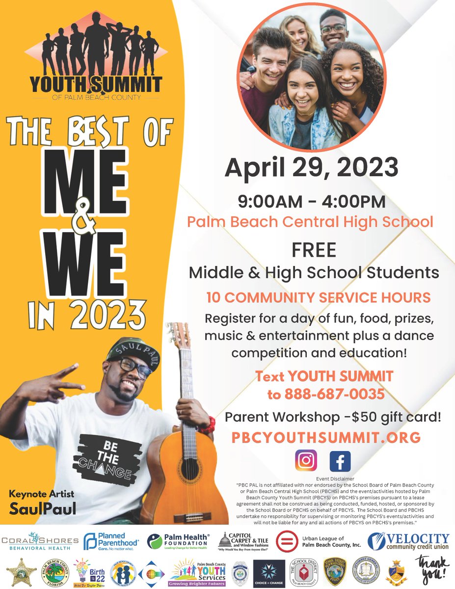 AchievePBC's tweet photo. Join @achievepbc on 4/29 for the 2023 Palm Beach County Youth Summit! Co-hosted by the @PBCountySheriff and @CompassCenter, it's "The Best of Me and We in '23!" Text YOUTH SUMMIT to 888-687-0035. #PBCYouthSummit #AchievePBC #saulpaul https://t.co/xeEqPtO0SW