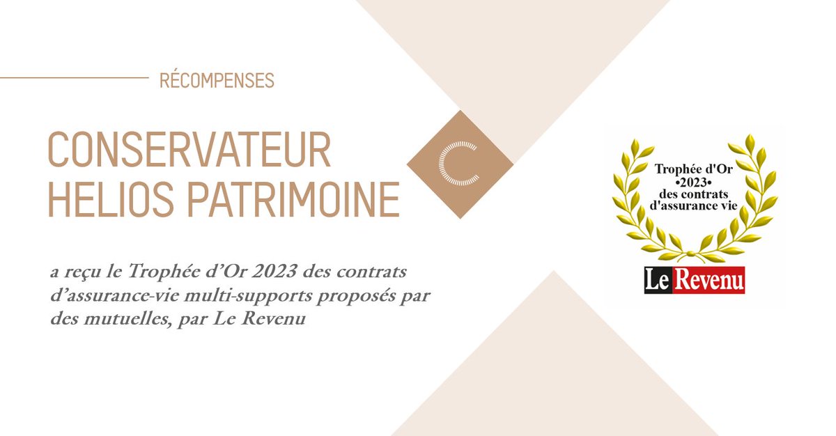 Pour le 8e année consécutive, notre contrat d'#assurancevie Conservateur Helios Patrimoine se voit décerner un #TrophéedOr par <a href="/Le_Revenu/">Le Revenu</a>. 
La diversité de son #offrefinancière ainsi que ses #performances ont su faire la différence. 
bit.ly/3FQtkUA
