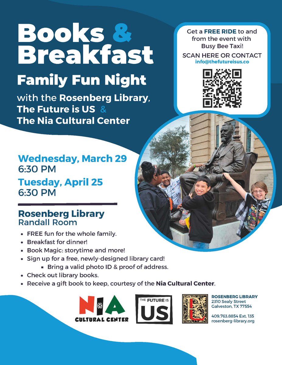 galvestonisd's tweet photo. Don't miss Books &amp; Breakfast! March 29 and April 25 at 6:30 at the Rosenberg Library.

¡No te pierdas Libros Y Desayuno! El 29 de marzo y 25 de abril a las 6:30pm en la Biblioteca Rosenberg. https://t.co/j5eBFQZ8nh