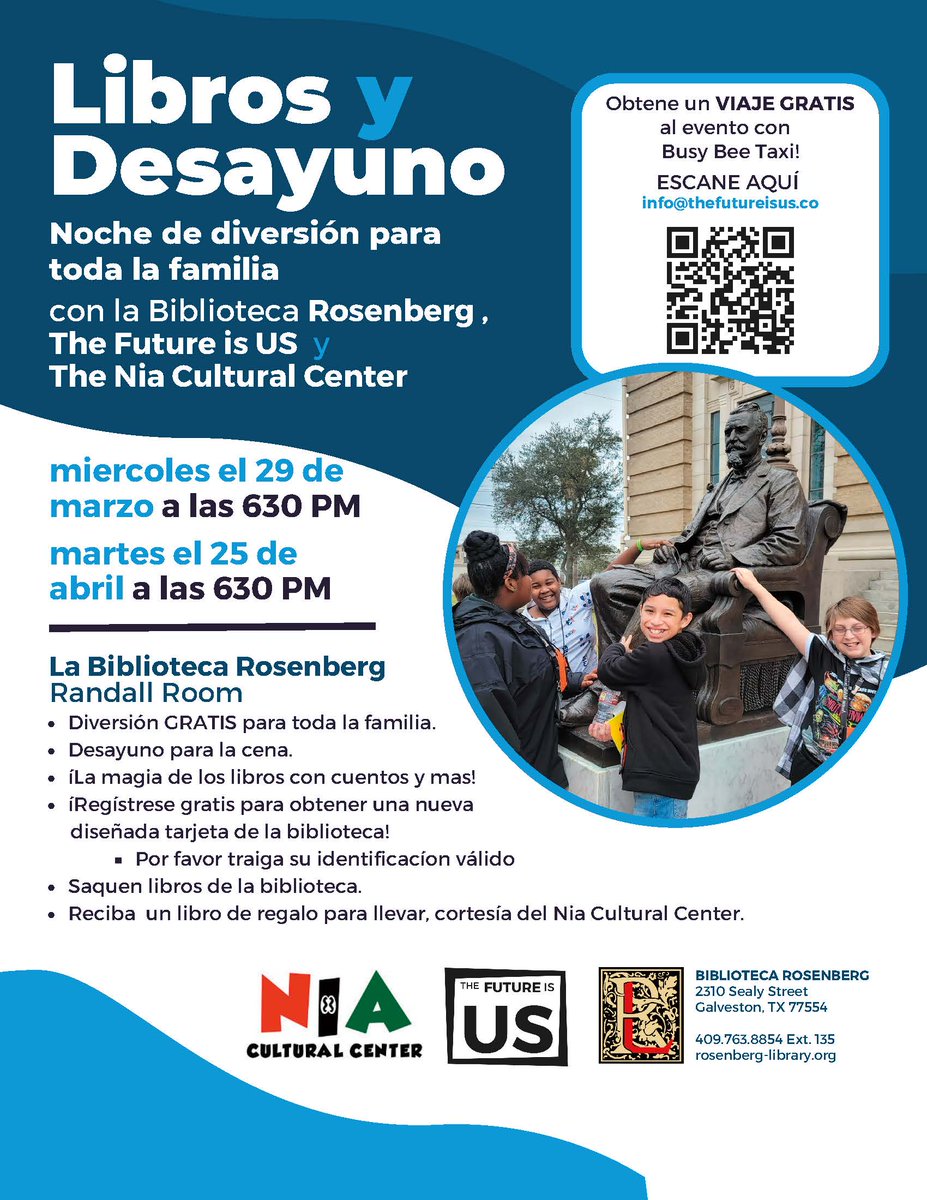 galvestonisd's tweet photo. Don't miss Books &amp; Breakfast! March 29 and April 25 at 6:30 at the Rosenberg Library.

¡No te pierdas Libros Y Desayuno! El 29 de marzo y 25 de abril a las 6:30pm en la Biblioteca Rosenberg. https://t.co/j5eBFQZ8nh