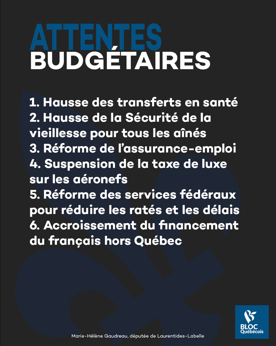 MHGaudreauBQ's tweet photo. Demain, c'est Jour de budget. 💵📈

Voici les attentes budgétaires du @BlocQuebecois. ⚜️

📄 Pour lire notre communiqué : https://t.co/H6PcdQA8GW https://t.co/C5ap12z0tt