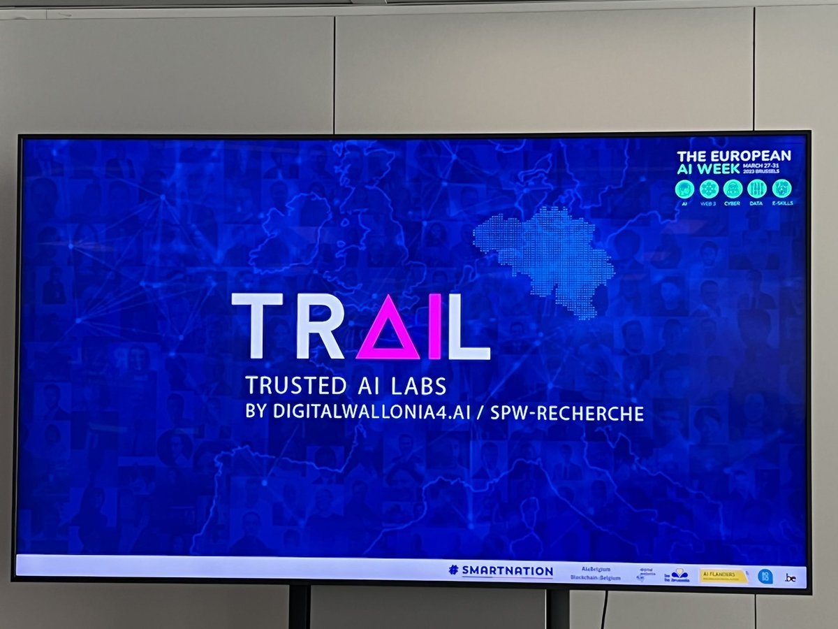 roald's tweet photo. #AIweek presentations about initiatives in Wallonia by @emiefockedey ( https://t.co/hY4pkoynKz ) and @thierrydutoit : https://t.co/HlajL3EjrX @trusted_ai research institute &amp; factory for business relevance.

600 #AI researchers
50 expert companies 

#DigitalWallonia #EUAIweek https://t.co/KgaIBWEhku