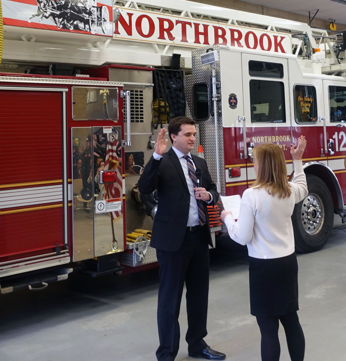 NorthbrookGOV's tweet photo. The Northbrook Fire Department welcomed two firefighters into their ranks this morning. During the ceremony at Fire Station 11, Patrick Brown & Ed Chevere took an oath to join the department. Thank you both for your service! #ThriveHere https://t.co/hh3RLKHAOV