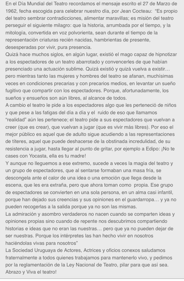 DDelgrossi's tweet photo. ¡En el #DíaMundialDelTeatro el abrazo a todos los colegas y amigos artistas, técnicos y tramoyistas, directores, autores y personal de salas que hacen posible que al abrirse el telón siga produciéndose la magia! #Teatro #SUA #FUTI https://t.co/O815TLInmC