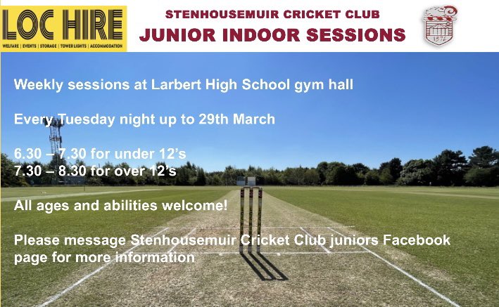 🏏 Final Indoor Training Session🏏

Final indoor training session is on tomorrow night Tuesday 28th March

📍Larbert High
⏰U12’s 6.30 over 12’s 7.30pm

@airthprimary @CarronPrimary @carronshoreps @kinnairdps @StenhousemuirPS @LarbertVillage @ladesideprimary