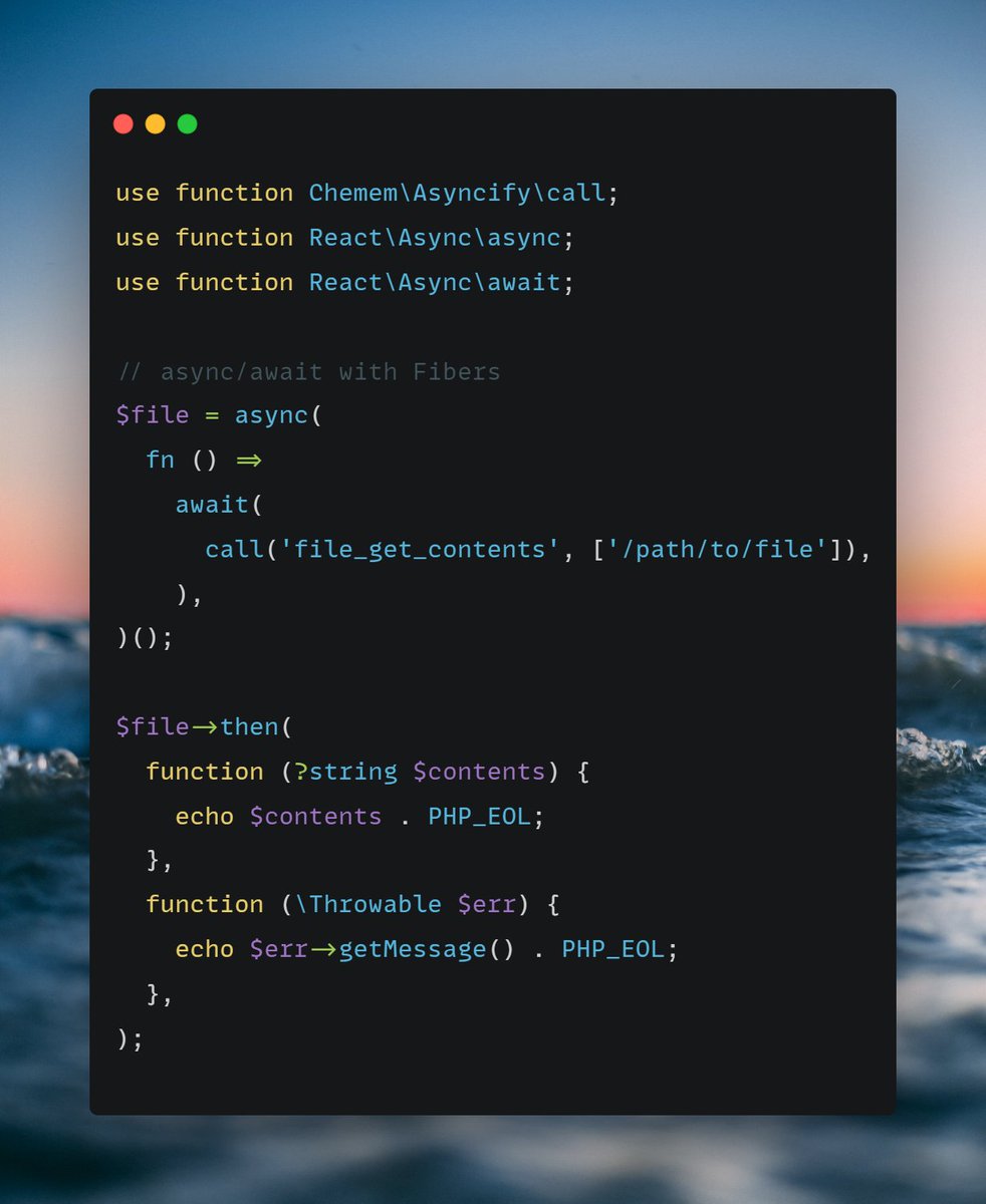 agiroLoki's tweet image. By combining PHP 8.1&apos;s Fibers, ReactPHP&apos;s suite of helper functions, and asyncify, it is possible to turn inherently blocking code into asynchronous code amenable to the conventions of fiber-powered async/await. Async PHP is definitely worth a try!