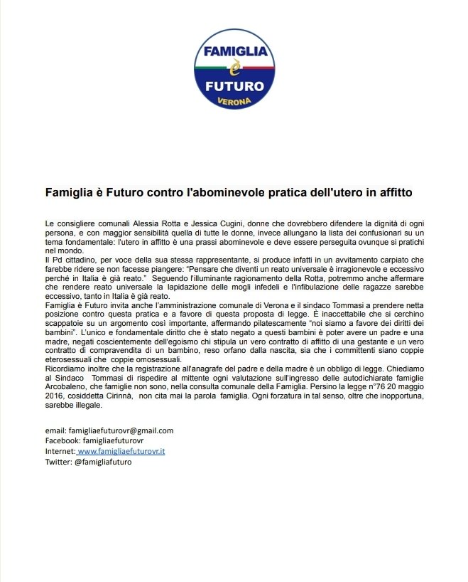 FamigliaFuturo's tweet image. Una pratica ignobile che umilia le donne  sfruttandole, generando figli resi orfani dalla nascita. 
FèF chiede al Sindaco Tommasi di non tergiversare e di chiarire in modo inequivocabile la sua posizione. 
@alessiarotta
@CuginiJessica
#FamigliaèFuturo #uteroinaffitto