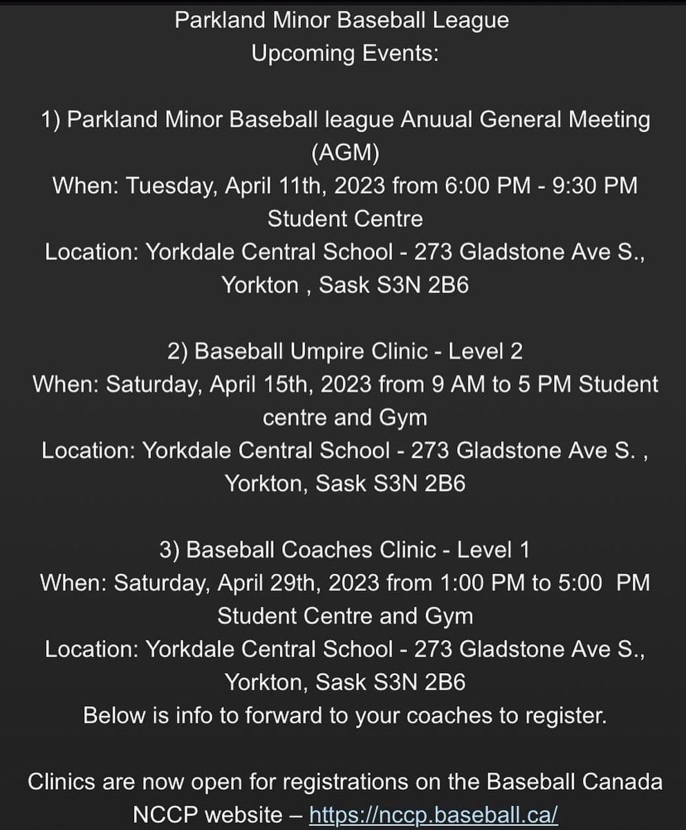 BennyGX94Sports's tweet photo. Yorkton Minor hosting a few events next month 

@BaseballSask | @YorktonBaseball | @SaskUmpires 

#BaseballSask #GX94Sports. https://t.co/ZiTMsyBsWK