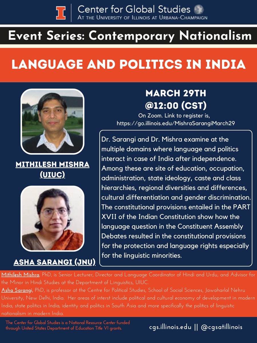 Add Mithilesh Mishra and Asha Sarangi's lecture on Wednesday <a href="/12pm/">nour zohbi</a> "Language and Politics in India" to your calendar!! Learn more at cgs.illinois.edu/news/2023-03-2… !