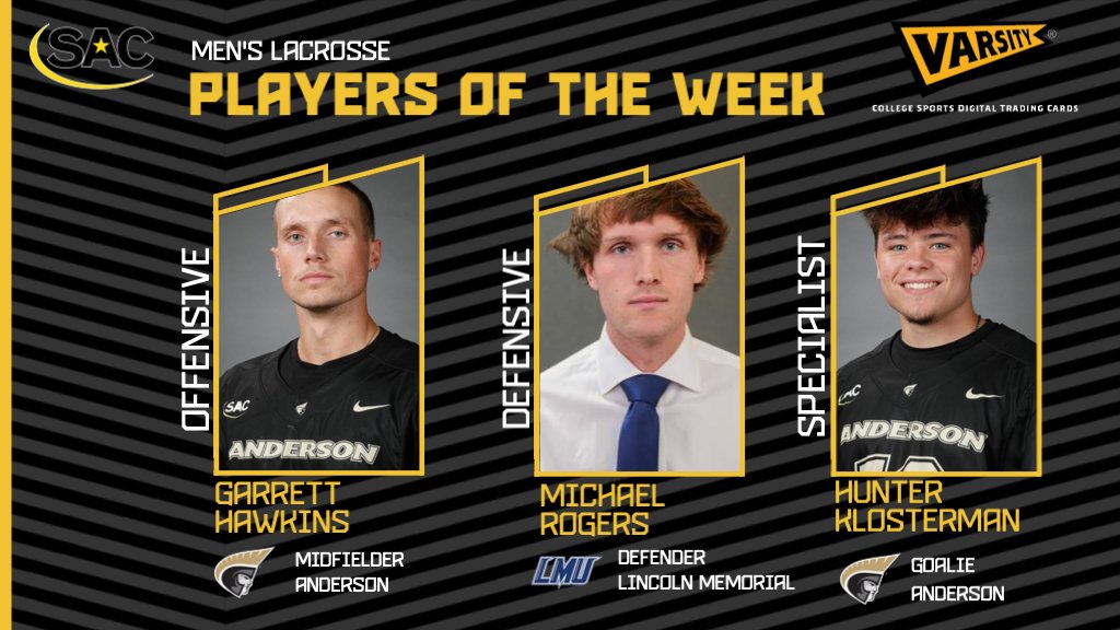 🥍 𝗠𝗘𝗡'𝗦 𝗟𝗔𝗖𝗥𝗢𝗦𝗦𝗘 𝗣𝗟𝗔𝗬𝗘𝗥𝗦 𝗢𝗙 𝗧𝗛𝗘 𝗪𝗘𝗘𝗞

Anderson's Hawkins and Klosterman, Lincoln Memorial's Rogers Earn South Atlantic Conference Varsity Gems Men's Lacrosse Players of the Week Awards 

📄: thesac.com/x/b5ylv

#MakeSACYours #SACMLAX