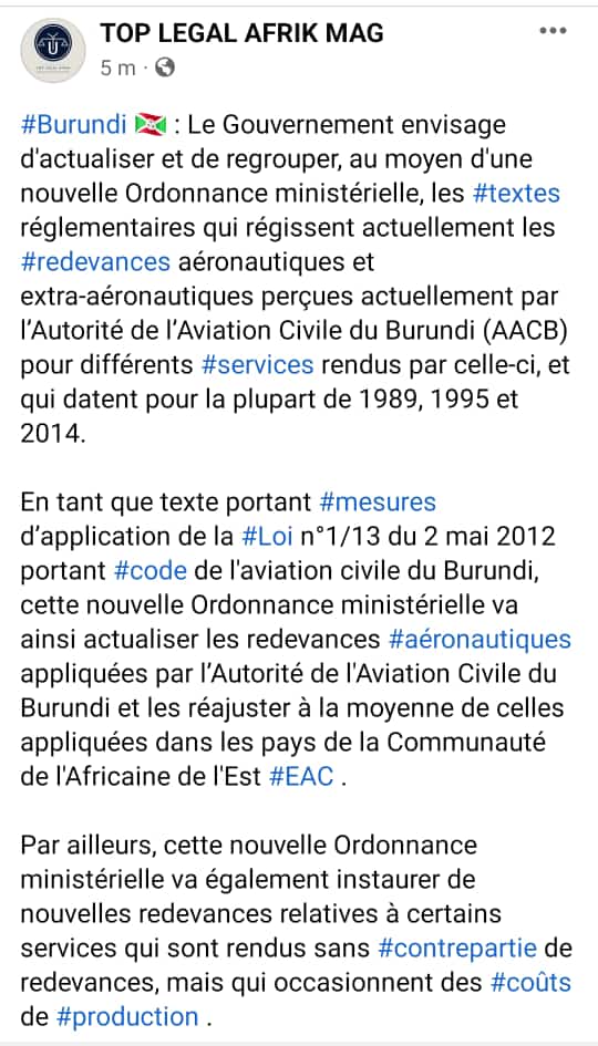 LegalMag's tweet photo. #Burundi 🇧🇮 : Le Gouvernement envisage d'actualiser et de regrouper, au moyen d'une nouvelle Ordonnance ministérielle, les textes réglementaires qui régissent actuellement les redevances aéronautiques et extra-aéronautiques perçues par l'Autorité d'aviation civile @AACBAviation. https://t.co/ov5w9WnNVE