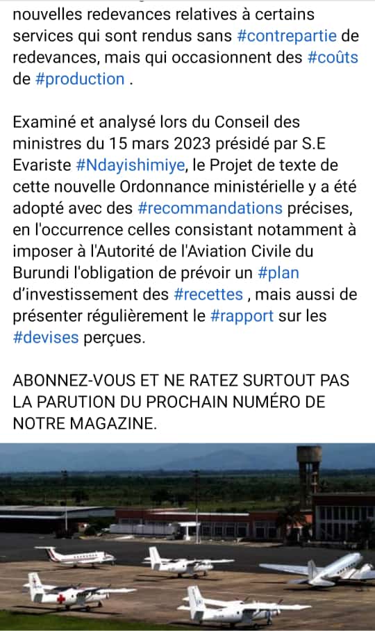 LegalMag's tweet photo. #Burundi 🇧🇮 : Le Gouvernement envisage d'actualiser et de regrouper, au moyen d'une nouvelle Ordonnance ministérielle, les textes réglementaires qui régissent actuellement les redevances aéronautiques et extra-aéronautiques perçues par l'Autorité d'aviation civile @AACBAviation. https://t.co/ov5w9WnNVE