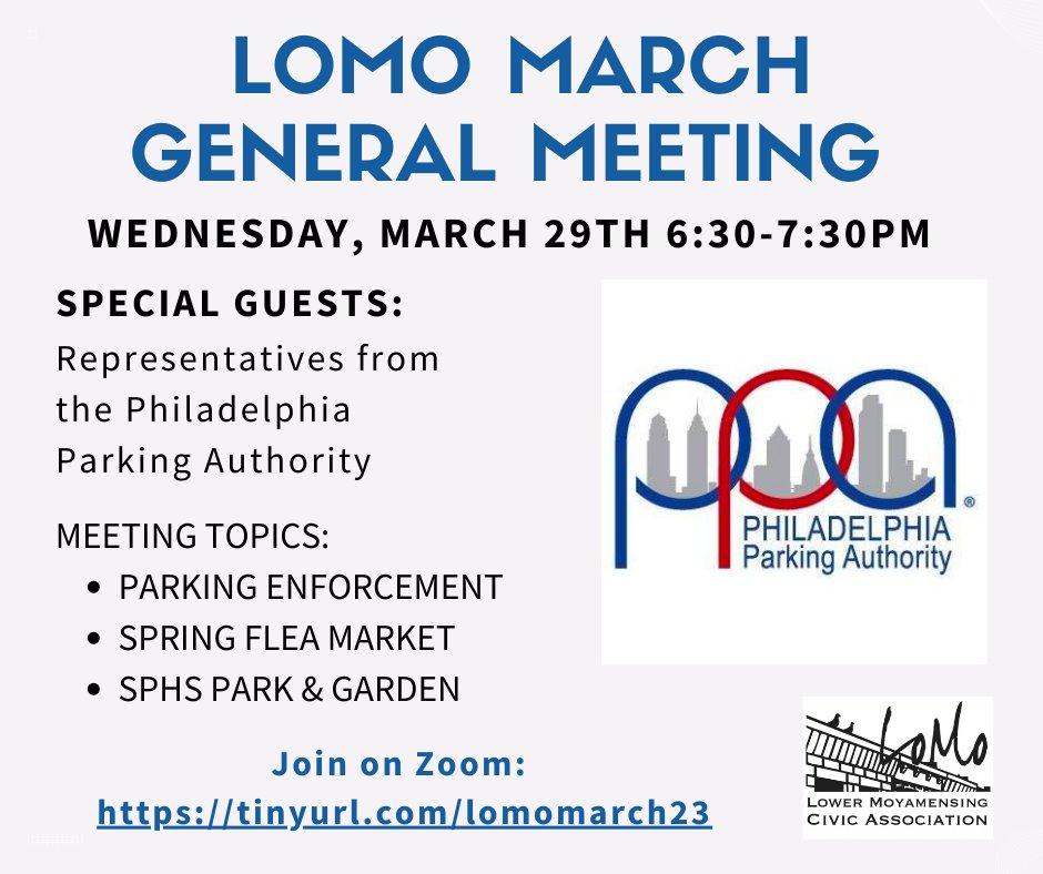 LoMoPhilly's tweet image. Join us at our March general meeting this Wednesday, March 29th from 6:30-7:30pm for a conversation with 
@PhilaParking about enforcement &amp;amp; permitting in our neighborhood &amp;amp; how the PPA is tackling 'ghost cars' without license plates. The Zoom link is: tinyurl.com/lomomarch23