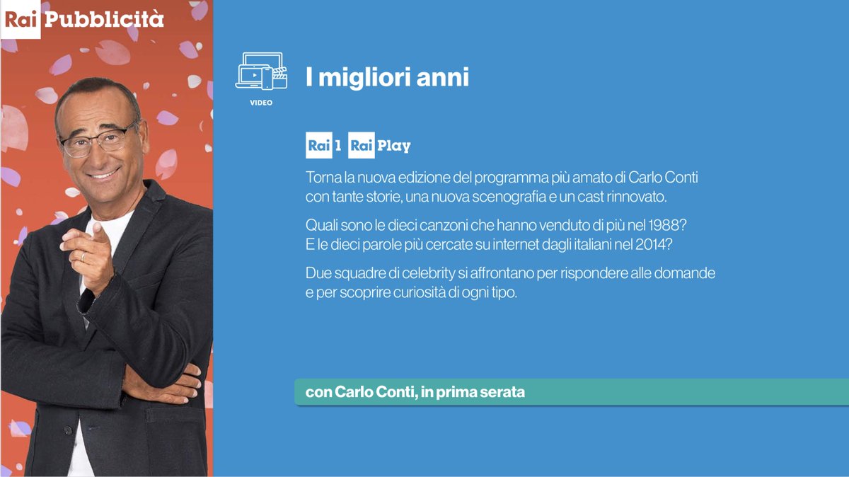 ilvit02's tweet photo. Stando a ciò che riporta l’offerta editoriale di #RaiPubblicità, sembra proprio che #IMiglioriAnni avranno un sapore molto alla #TopDieci…
#Rai #Rai1 #AscoltiTv #Auditel #CoseDiTv https://t.co/ClaImGIJzB