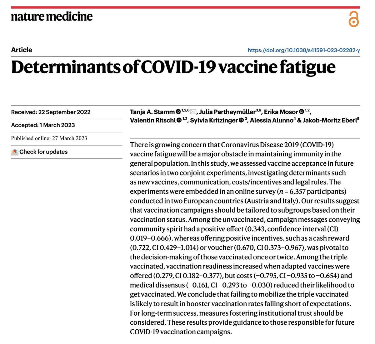 🚨New study published in @NatureMedicine on #COVID19 vaccine fatigue and its implications for long-term pandemic management. w/ @StammTanja, @schnizzl, E. Mosor, V. Ritschl, S. Kritzinger, A. Alunno & myself. A thread 1/12 nature.com/articles/s4159…