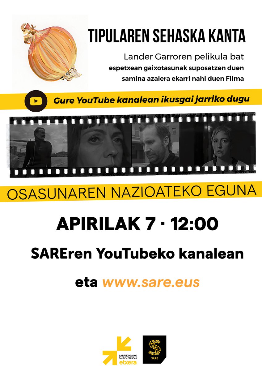 sare_herritarra's tweet photo. 🧅#TipularenSehaskaKanta @landergarro-k zuzendutako film-dokumentala, espetxean gaixotasunak suposatzen duen samina azalera ekarri nahi duen Filma zabalduko dugu Apirilaren 7 Osasunaren nazioarteko egunaren karietara.

🎦Ikusi: https://t.co/PO3gX9k4IJ #GaixoLarriakEtxera https://t.co/9Go4rv2eQv