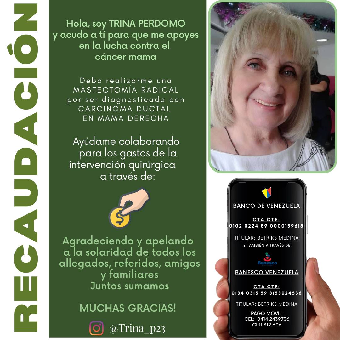 castroeli_3's tweet photo. La señora Trina Perdomo está necesitando nuestra ayuda. Fue diagnosticada con un Carcinoma de Mama y le urge nuestro apoyo tlf 04142439736 #Caracas @Lamozamoza https://t.co/C9fFa5Qmce