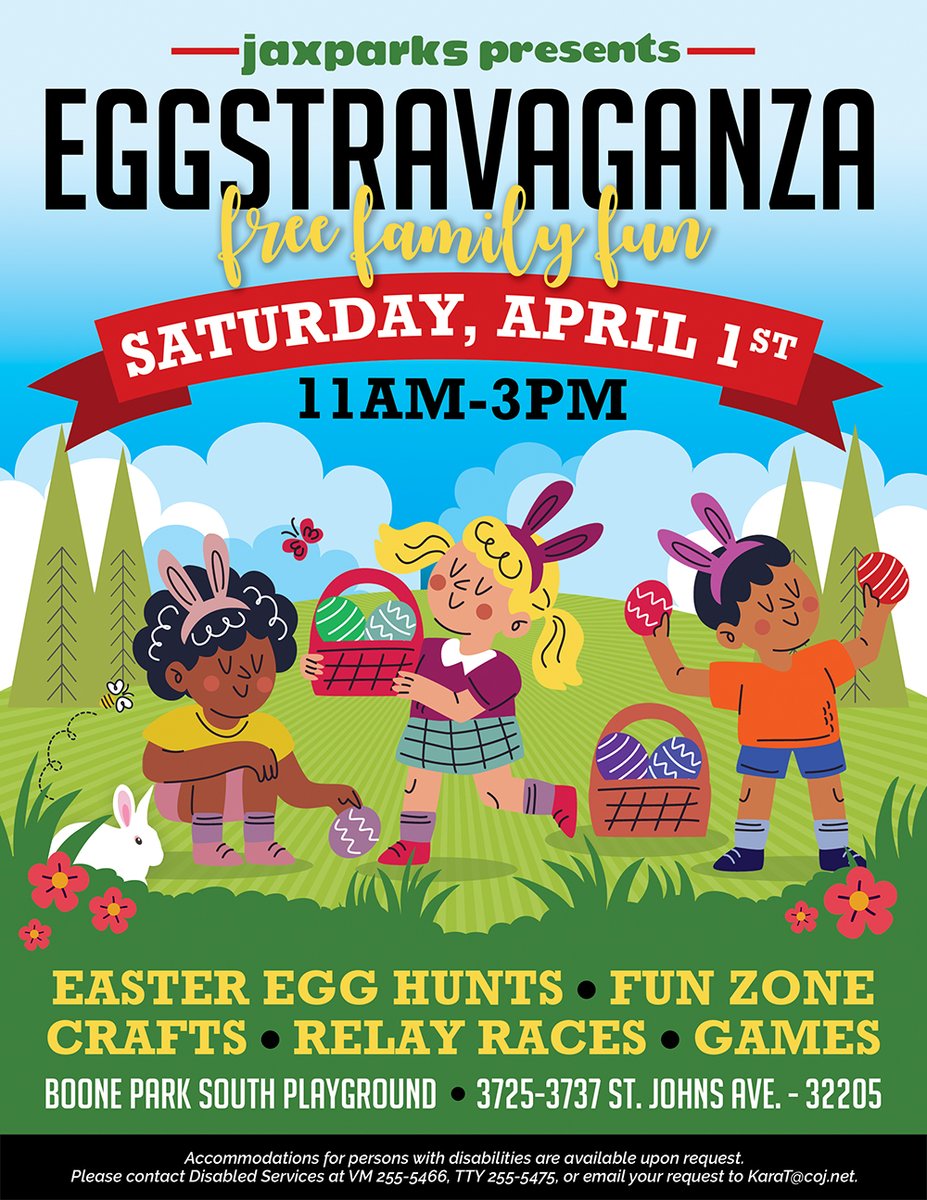 CityofJax's tweet photo. Are you looking for some free family fun?  Join @jaxparks on Saturday, April 1st for their annual Eggstravaganza at Boone Park from 11am to 3pm.

Bring the whole family to 3725 St. Johns Avenue for a day of Easter Egg hunts, crafts, games, and fun! https://t.co/qTdXGHS9Ej