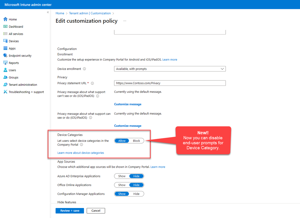 Check out this new Intune customization setting 👇If you ever wanted to use "Device Category" for dynamic groups or assignment filters but didn't want end users to set it from the Company Portal, then now you have that customization control #MSIntune #MEM