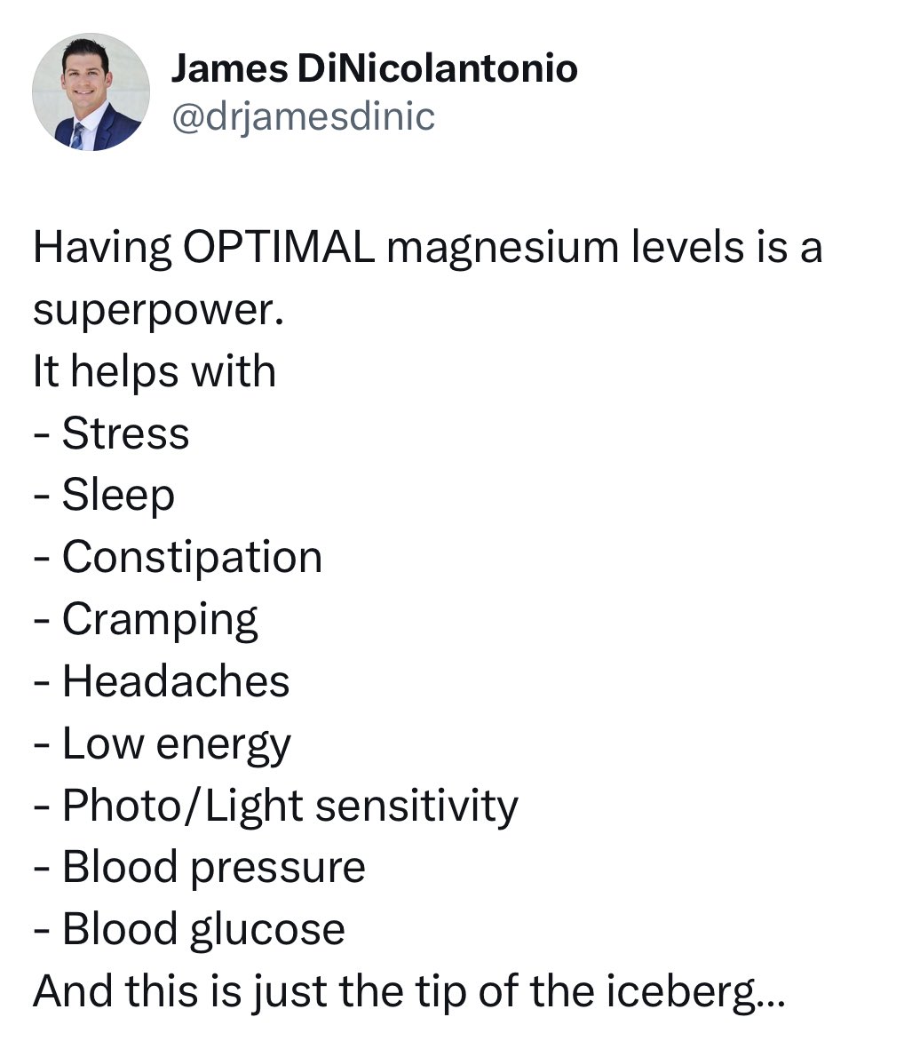 drjamesdinic's tweet photo. Check your magnesium levels https://t.co/noxuzU0C40

Magnesium blood levels can actually be a good indication of magnesium status if the correct cut-offs are used.  

Most labs use a cut off of < 1.7 mg/dL but @insidetracker uses a more optimal cut-off of < 2.0 mg/dL. https://t.co/5P7EnZX0Kg