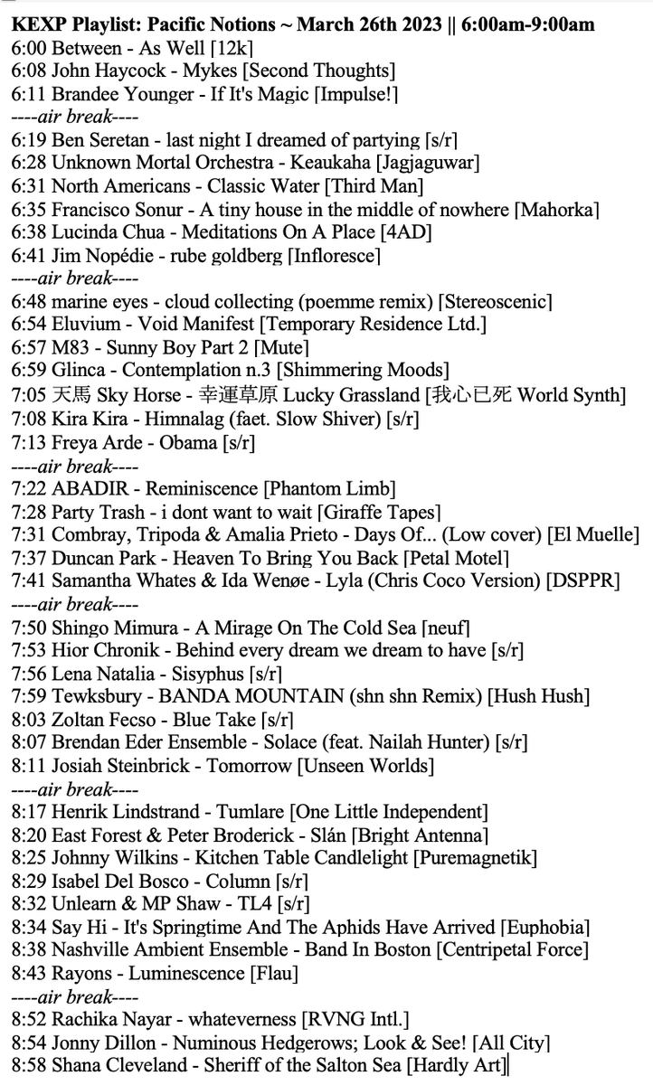 'Pacific Notions' ~ March 26th 2023 🌊💙

Stream before April 9th: bit.ly/3lKSqNI
...or from the <a href="/kexp/">kexp</a> app 📱🎧

Beautiful new music via <a href="/12k_label/">12k</a> <a href="/impulselabel/">impulse! records</a> <a href="/stereoscenic/">Stereoscenic Records</a> <a href="/phntmlimb/">Phantom Limb</a> <a href="/ShimmeringM/">Shimmering Moods</a> @Unseen_Worlds <a href="/pmagnetik/">Puremagnetik</a> <a href="/flaurecords/">FLAU records</a> <a href="/AllCityDublin/">All City</a> + more ✨