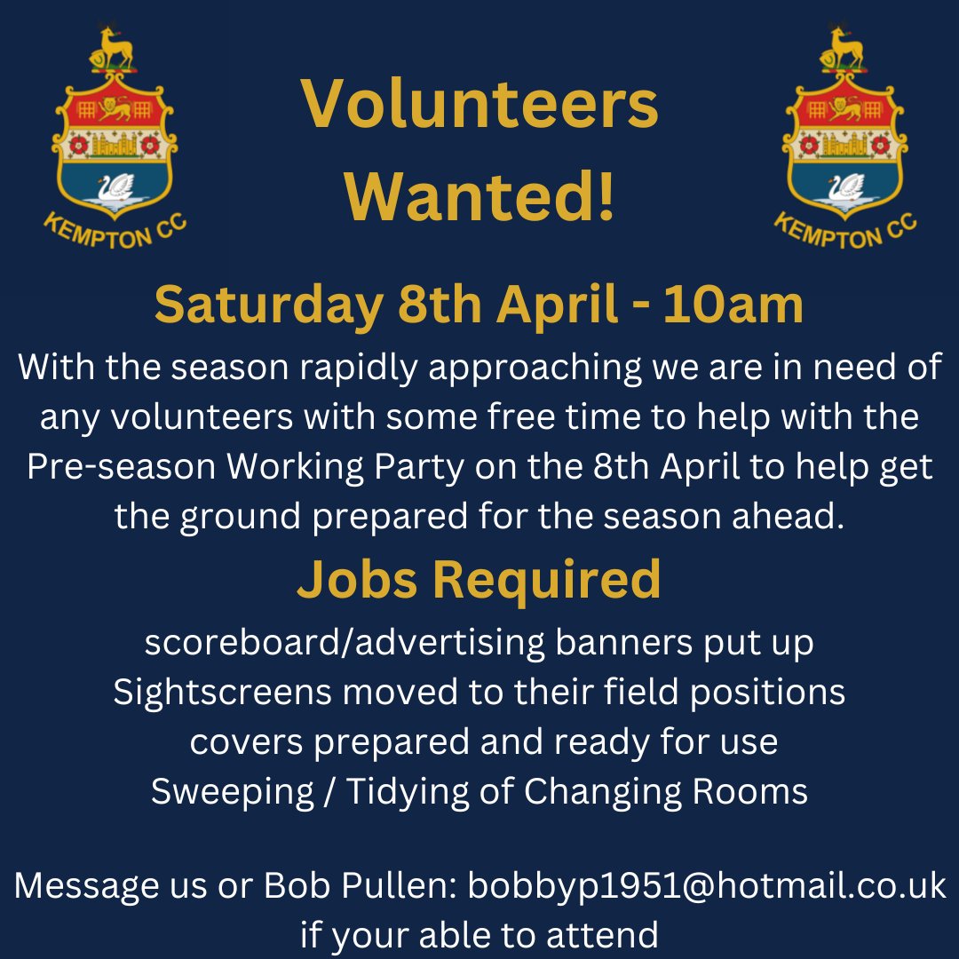 KemptonCC2003's tweet photo. Attention all members! Saturday 8th April - 10am volunteers are wanted to help out at the annual work party to get the ground prepared for the season ahead. If you're able to attend please get in touch or email Bob Pullen: bobbyp1951@hotmail.co.uk https://t.co/xoV9oZY7jG