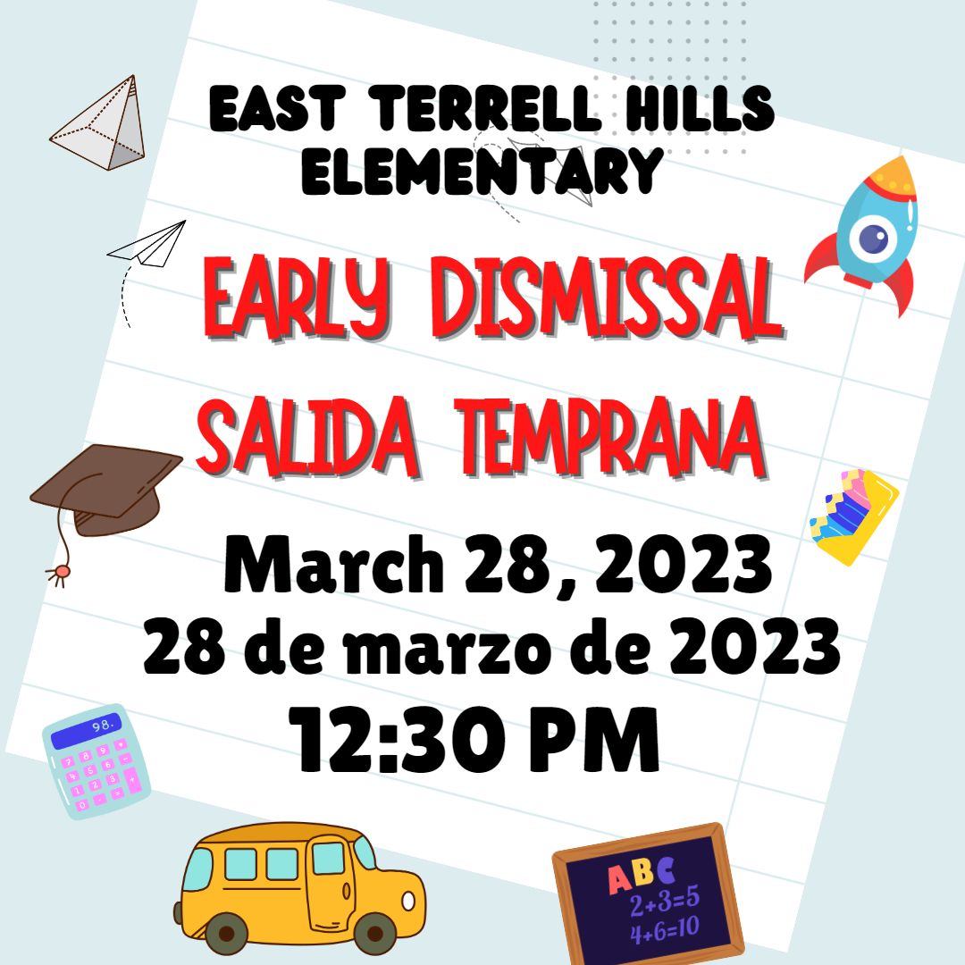 REMINDER: Tuesday, March 28, is an early release day. Please remember that bus riders are scheduled to arrive home 2 hours and 15 minutes earlier than normal.