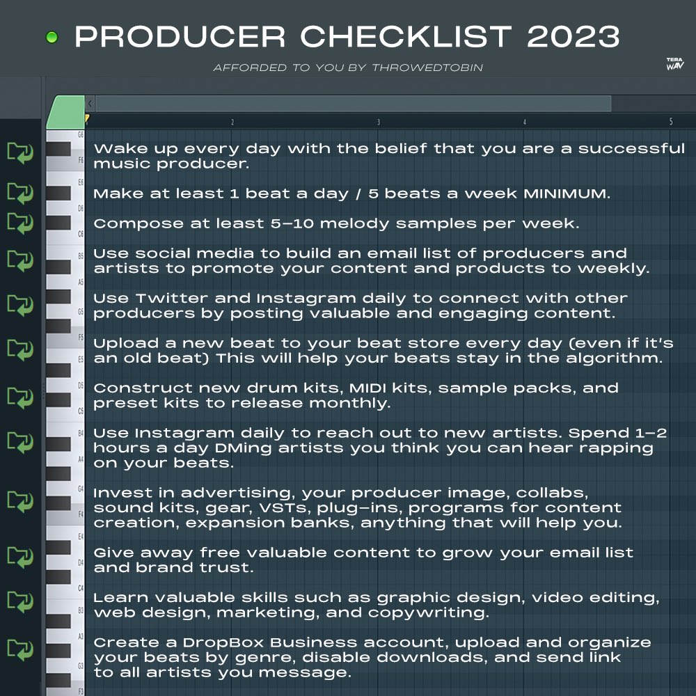 THROWEDTOBIN's tweet photo. Here’s my Producer Checklist for 2023. Drop a like and RT if these 12 tips help you out 🙏🏽 https://t.co/4GBhOssPOn