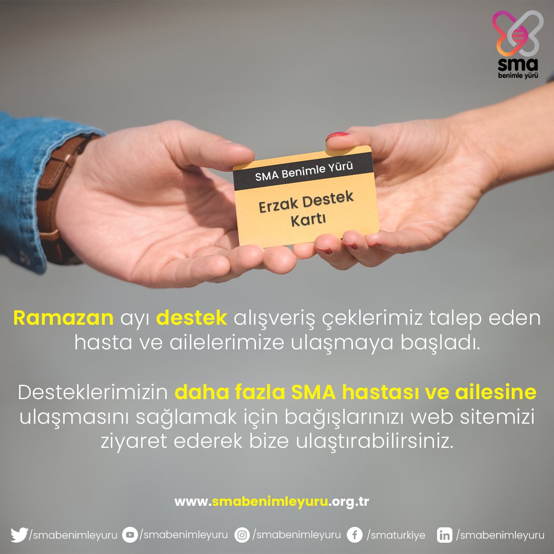 smabenimleyuru's tweet photo. SMA Benimle Yürü Derneği olarak, Ramazan vesilesi ve sizin destekleriniz ile alışveriş kartlarını, ihtiyaç sahibi SMA ailelerimize ulaştırmaya başladık.

Yapacağınız bağışlarla daha fazla SMA hastası ve ailesine destek olmamıza katkı sağlayabilirsiniz.

Bağış bilgilerimize profilimizde yer alan hızlı linklerden ulaşabilirsiniz.