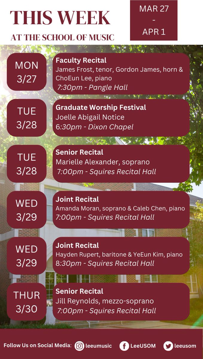 Check out all of the fantastic recitals and events we have coming up this week! 

#leeusom #leeuniversity #musicwithpurpose