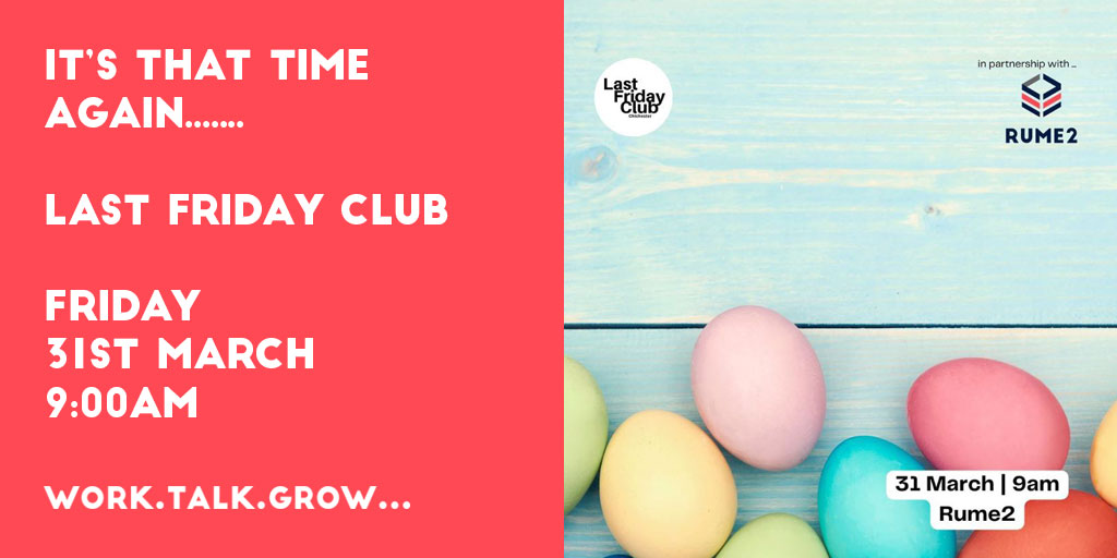 Last Friday Club, this Friday at Rume2, speaker will be Emily Perry who's a specialist small business HR &amp; People Consultant &amp; Coach. She will be talking about managing your Mental Health as a Freelancer/Business Owner. Contact <a href="/TheChiSocial/">TheChichesterSocial</a> for more details. #networking