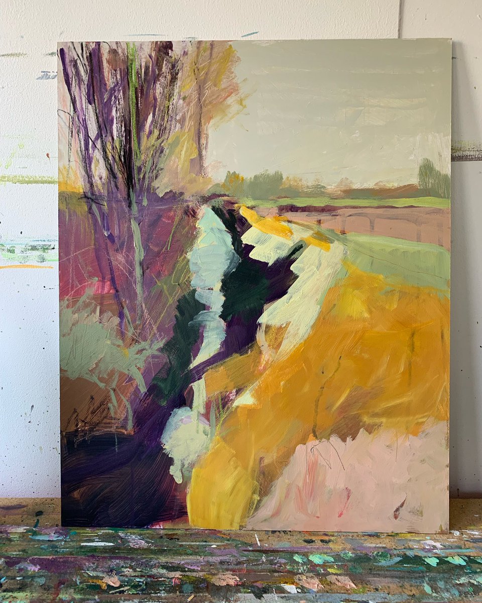 WIP I’m enjoying how the mustard yellow is working with the other colours (to my mind) and it needs more work. The dilemma is how little more I can get away with before it loses the freshness! #landscapepainting #mixedmedia #britishlandscape #winter