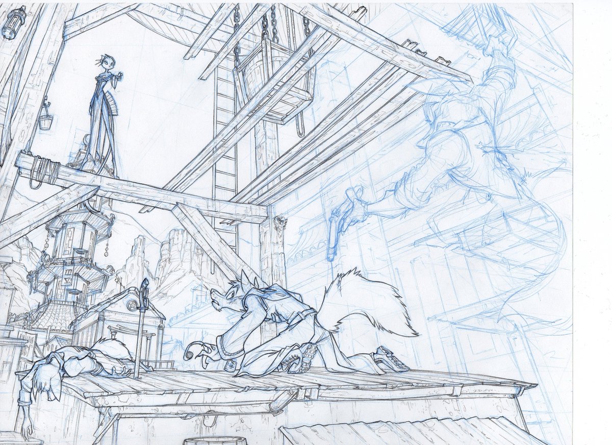 Process art for one of the climactic moments in "QuickXyk: Ring of Vengeance."  Blueline sketch being transformed into final pencils.