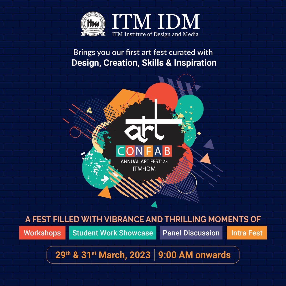itm_idm's tweet photo. Don't miss out on the biggest celebration of creativity! Join us on March 29th & 31st at ITM Institute of Design and Media's Annual Fest.
#itmidm #iamitm #artconfab #collegefest #fest #collegeanualfest https://t.co/V7IioN1IlK