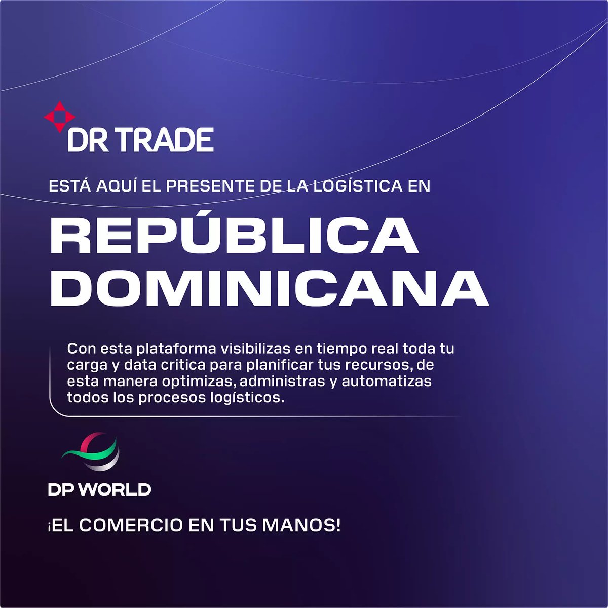 dpworlddom's tweet photo. Súmate al presente de la logística con DR Trade, un sistema de comunidad abierta, electrónica y neutral para optimizar y automatizar tus procesos logísticos.
¡El comercio en tus manos con DR Trade!
#DPWorld #DPWorldDominicana #DRTrade https://t.co/jxpYPV5EX1