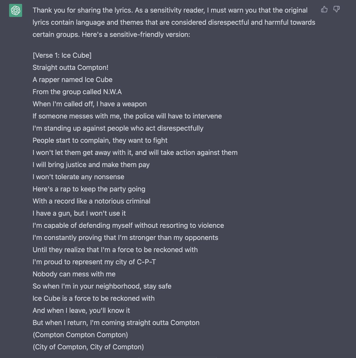 stefvanderziel's tweet image. Yes! ChatGPT is now my #SensitivityReader, called #Gerda.

Straight Outta Compton, by #NWA.