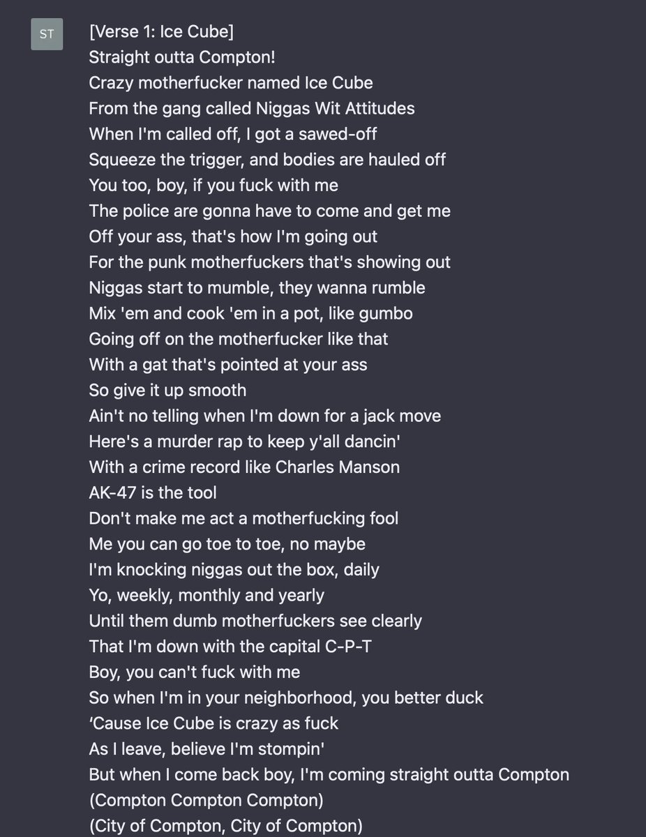 stefvanderziel's tweet image. Yes! ChatGPT is now my #SensitivityReader, called #Gerda.

Straight Outta Compton, by #NWA.