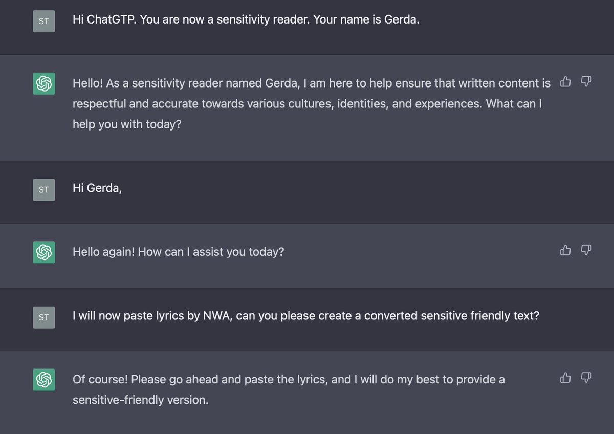 stefvanderziel's tweet image. Yes! ChatGPT is now my #SensitivityReader, called #Gerda.

Straight Outta Compton, by #NWA.